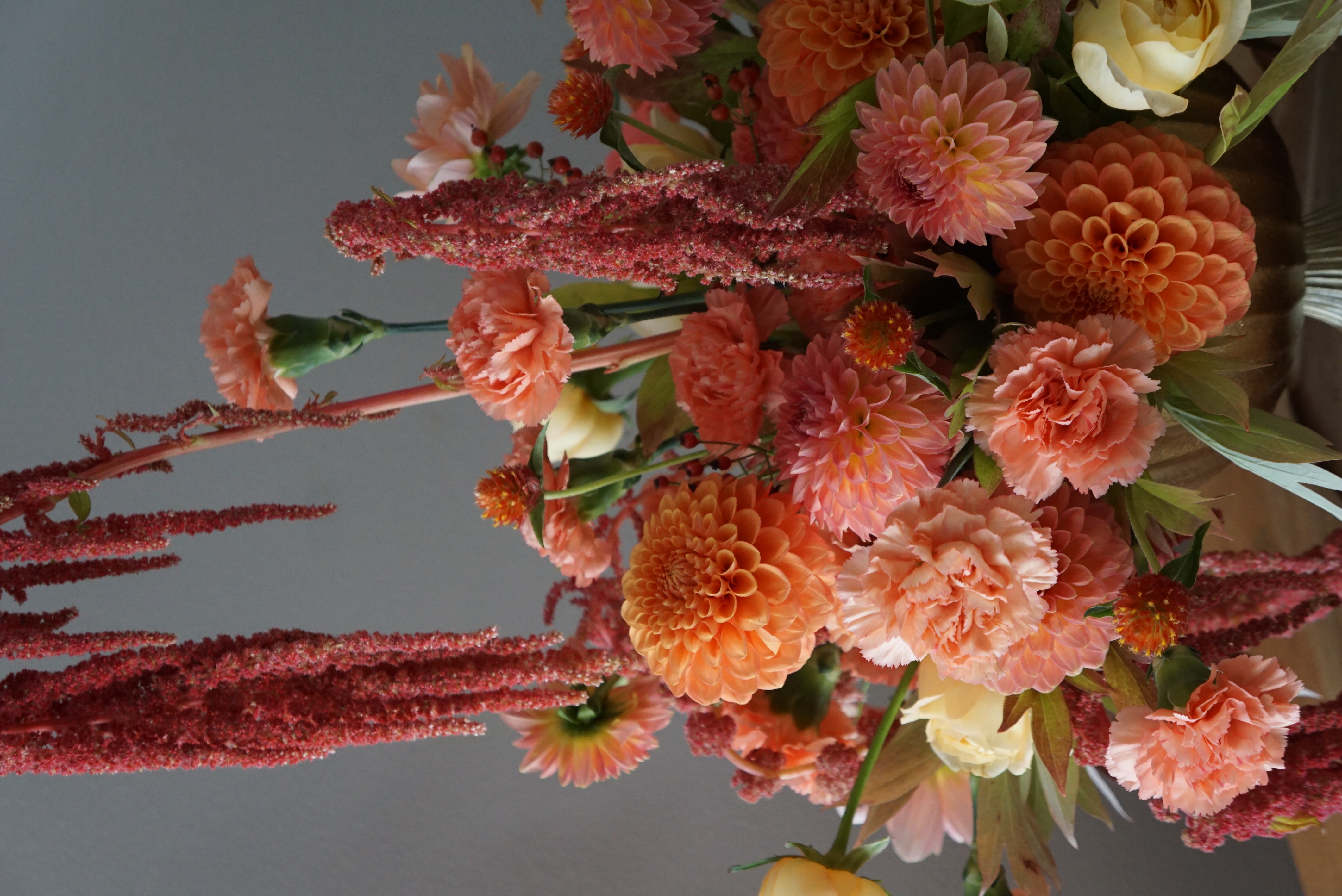 A bright fall arrangement featuring peachy carnations and dahlias, red rosehips and pincushions, pink and peachy anthuriums, orange-red gomphrenas, and caramel antike roses.